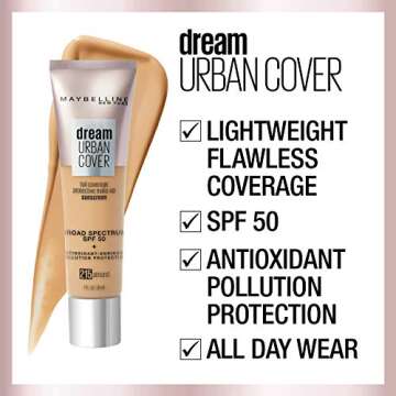 Maybelline Dream Urban Cover Flawless Coverage Foundation Makeup, SPF 50, Fair Porcelain