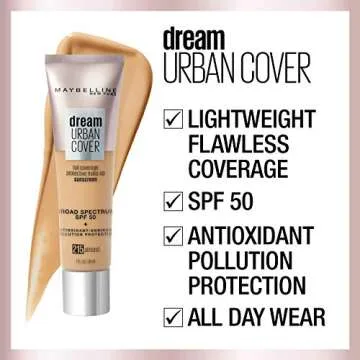 Maybelline Dream Urban Cover Flawless Coverage Foundation Makeup, SPF 50, Fair Porcelain