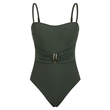 Hilor Women's Bandeau 1 Piece Swimsuit Push Up Bathing Suit for Large Bust Best Tummy Control Swimwear Dark Army Green 10