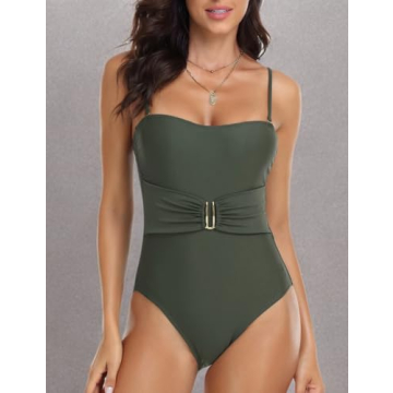 Hilor Women's Bandeau 1 Piece Swimsuit Push Up Bathing Suit for Large Bust Best Tummy Control Swimwear Dark Army Green 10