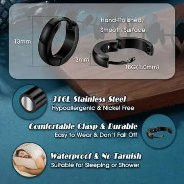 Jstyle Hypoallergenic Small Hoop Earrings for Men Women 316L Surgical Stainless Steel Gold/Black/Silver Hoop Earrings for Sensitive Ears Mens Hoop Huggie Earrings Ear Piercing Jewelry Set 12mm