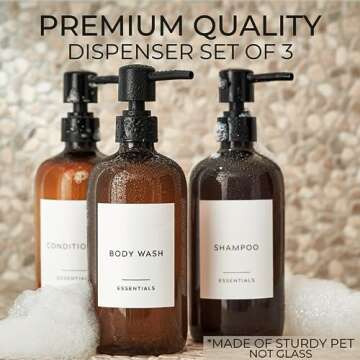 Stylish Shampoo and Conditioner Dispenser Set of 3 - Modern 21oz Shower Soap PET Bottles with Pump a...
