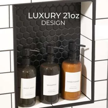 Stylish Shampoo and Conditioner Dispenser Set of 3 - Modern 21oz Shower Soap PET Bottles with Pump and Labels - Easy to Refill Body Wash Dispensers for an Instant Bathroom Decor Upgrade