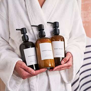 Stylish Shampoo and Conditioner Dispenser Set of 3 - Modern 21oz Shower Soap PET Bottles with Pump and Labels - Easy to Refill Body Wash Dispensers for an Instant Bathroom Decor Upgrade
