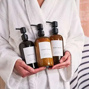 Stylish Shampoo and Conditioner Dispenser Set of 3 - Modern 21oz Shower Soap PET Bottles with Pump and Labels - Easy to Refill Body Wash Dispensers for an Instant Bathroom Decor Upgrade