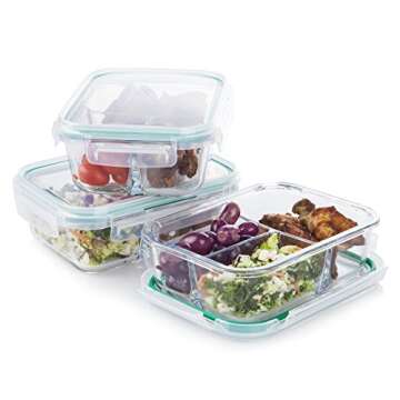 [3-Pack] Glass Meal Prep Containers 3 Compartment - Glass Food Storage Containers - Glass Storage Containers with Lids - Divided Glass Lunch Containers Food Container - Bento Box Glass Food Container