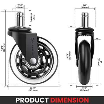 Gamma Office Chair Wheels Black, Pack of 5, 7/16 x 7/8 Inch – Heavy Duty Chair Wheels Replacement ...