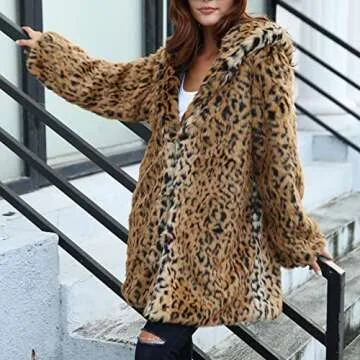 Leopard Print Faux Fur Coat for Women Mid Length Hooded Cardigan Open Front Outerwear Winter Warm Coats