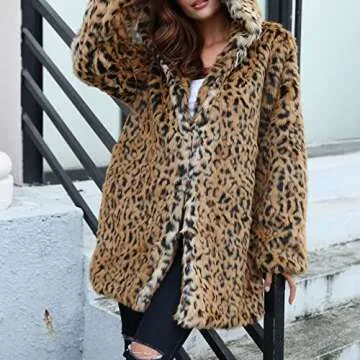 Leopard Print Faux Fur Coat for Women Mid Length Hooded Cardigan Open Front Outerwear Winter Warm Coats