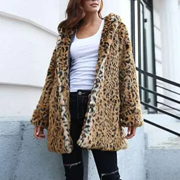 Leopard Print Faux Fur Coat for Women Mid Length Hooded Cardigan Open Front Outerwear Winter Warm Coats