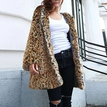 Leopard Print Faux Fur Coat for Women Mid Length Hooded Cardigan Open Front Outerwear Winter Warm Coats