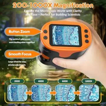 1000X Handheld Microscope for Kids 4K 2.0" Screen Rechargeable Mini Pocket Digital Microscopes w/Slides Kit Portable Edu Gift Age 4-6 8-12 Children Students