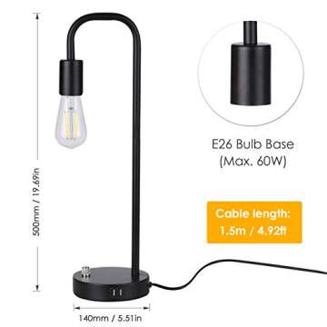 Tomshine USB Bedside Lamp, Stepless Dimming Modern Nightstand Lamp with Two USB Charging Ports for Bedroom (LED Bulb Included) (19.69in)