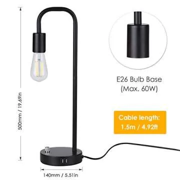 Tomshine USB Bedside Lamp, Stepless Dimming Modern Nightstand Lamp with Two USB Charging Ports for Bedroom (LED Bulb Included) (19.69in)