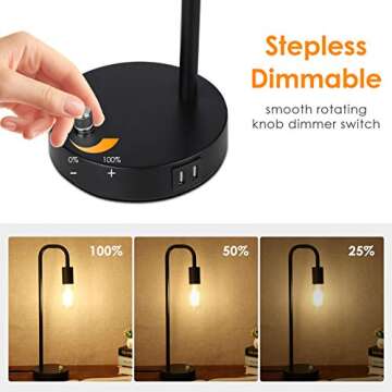 Tomshine USB Bedside Lamp, Stepless Dimming Modern Nightstand Lamp with Two USB Charging Ports for Bedroom (LED Bulb Included) (19.69in)