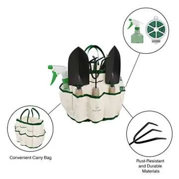8-Piece Garden Hand Tool Set - Canvas Tote Gardening Tool Kit with Snip, Pruner, Rake, Trowel, Shovel, Spray Bottle, and Soft Wire Tie by Pure Garden