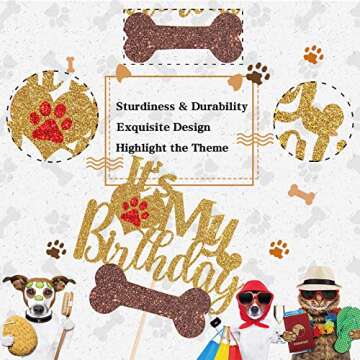 Maicaiffe Gold Glitter Dog Cake Topper for Birthday
