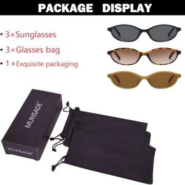 MUNSADE Retro Oval Cat Eye Sunglasses for Women Y2k Trendy Small Oval Sun Glasses 90s Narrow Style (3 Pack) (3 Pack (Black+Tortoise+Milky Orange))