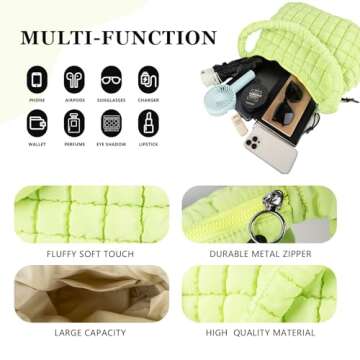 Quilted Puffer Tote Bag Large Crossbody Shoulder Bag with Zipper, Nylon Bubble Hobo Bags Travel Top Handle Handbag for Women, Oversized Padding Quilted Bag Soft Large Carryall Bag (LightGreen)