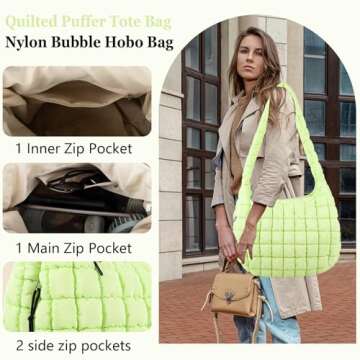 Quilted Puffer Tote Bag Large Crossbody Shoulder Bag with Zipper, Nylon Bubble Hobo Bags Travel Top Handle Handbag for Women, Oversized Padding Quilted Bag Soft Large Carryall Bag (LightGreen)