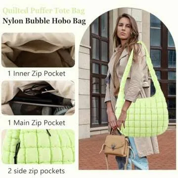 Quilted Puffer Tote Bag Large Crossbody Shoulder Bag with Zipper, Nylon Bubble Hobo Bags Travel Top Handle Handbag for Women, Oversized Padding Quilted Bag Soft Large Carryall Bag (LightGreen)