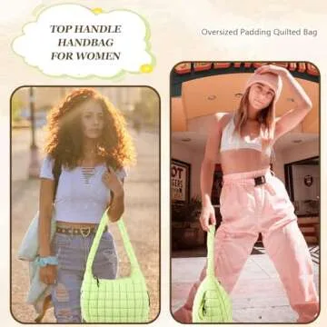 Quilted Puffer Tote Bag Large Crossbody Shoulder Bag with Zipper, Nylon Bubble Hobo Bags Travel Top Handle Handbag for Women, Oversized Padding Quilted Bag Soft Large Carryall Bag (LightGreen)