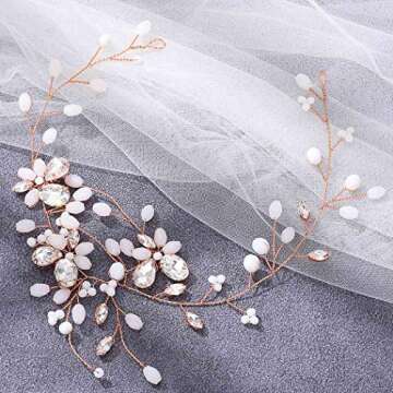 Unicra Crystal Bride Wedding Hair Vine Opal Pearl Bridal Hair Piece Rose Gold Hair Accessories for Women and Girls (A-Rose gold)