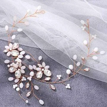 Unicra Crystal Bride Wedding Hair Vine Opal Pearl Bridal Hair Piece Rose Gold Hair Accessories for Women and Girls (A-Rose gold)