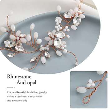 Unicra Crystal Bride Wedding Hair Vine Opal Pearl Bridal Hair Piece Rose Gold Hair Accessories for Women and Girls (A-Rose gold)