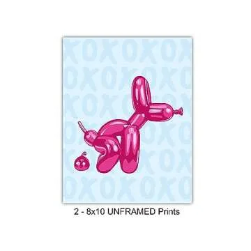 Pop art Bathroom Wall Art & Decor - Preppy Wall Art - Trendy Room Decor - funny Small Bathroom Accessories - Modern Wall Decor - Blue Pink XO Balloon Dog Home Decor - Restroom Signs UNFRAMED