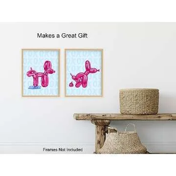 Pop art Bathroom Wall Art & Decor - Preppy Wall Art - Trendy Room Decor - funny Small Bathroom Accessories - Modern Wall Decor - Blue Pink XO Balloon Dog Home Decor - Restroom Signs UNFRAMED
