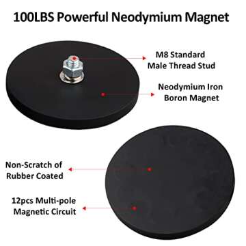 ULIBERMAGNET 2Pack Rubber Coated Magnet with M8 Male Thread Stud, Anti-Scratch 100lb Strong Neodymium for Outdoor Light Bar, Signal Lights and Tools
