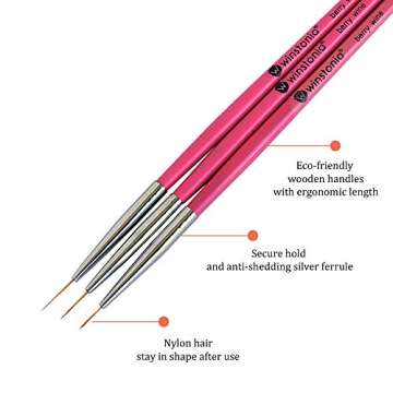 Winstonia Super Fine Nail Art Brush Set for Thin Lines, Tiny Details, Fine Drawing, Delicate Coloring. 3 pcs Brushes Kit - BERRY WINE