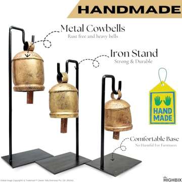 HIGHBIX Vintage-Style Rustic Handmade Christmas Jingle Cowbells with Metal Stand Set of 3 Farmhouse Holiday Decor, Perfect for Christmas Decorations, Gift, and Home Accents