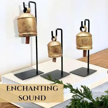 HIGHBIX Vintage-Style Rustic Handmade Christmas Jingle Cowbells with Metal Stand Set of 3 Farmhouse Holiday Decor, Perfect for Christmas Decorations, Gift, and Home Accents