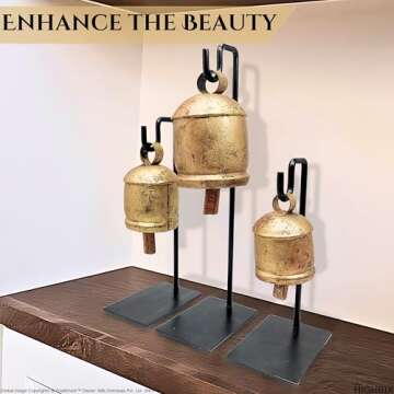 HIGHBIX Vintage-Style Rustic Handmade Christmas Jingle Cowbells with Metal Stand Set of 3 Farmhouse Holiday Decor, Perfect for Christmas Decorations, Gift, and Home Accents
