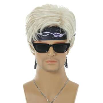 FYXZHUO Men’s Blonde Male Short Layered Wig with Bandanas, Glasses and Necklace Halloween Cosplay ...