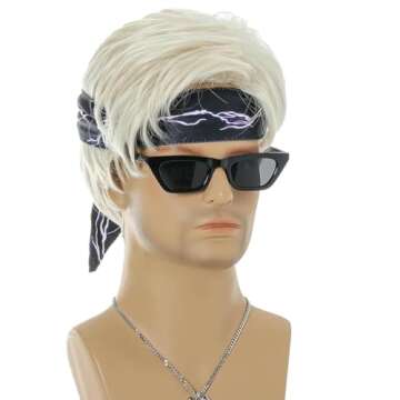FYXZHUO Men’s Blonde Male Short Layered Wig with Bandanas, Glasses and Necklace Halloween Cosplay Costume Party Natural Hair Wigs