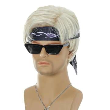 FYXZHUO Men’s Blonde Male Short Layered Wig with Bandanas, Glasses and Necklace Halloween Cosplay Costume Party Natural Hair Wigs