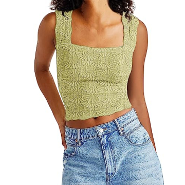 PICPUNMAK Women's Square Neck Crop Tank Top – Stylish Floral Fringe Vine Sleeveless Cami