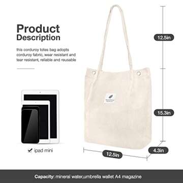 LHMTQVK Corduroy Tote Bags for Women, Large Capacity Corduroy Bag Reusable Grocery Shoulder Bag with...