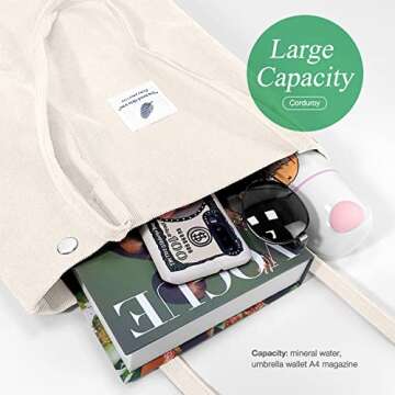 LHMTQVK Corduroy Tote Bags for Women, Large Capacity Corduroy Bag Reusable Grocery Shoulder Bag with Inner Pockets (Beige)