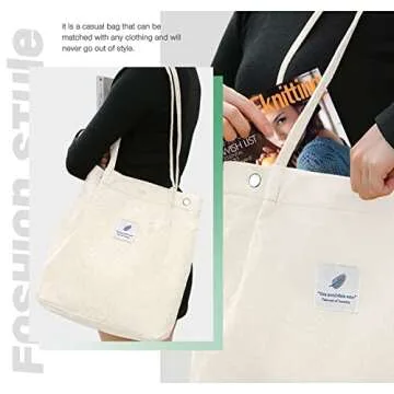 LHMTQVK Corduroy Tote Bags for Women, Large Capacity Corduroy Bag Reusable Grocery Shoulder Bag with Inner Pockets (Beige)