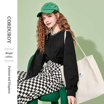 LHMTQVK Corduroy Tote Bags for Women, Large Capacity Corduroy Bag Reusable Grocery Shoulder Bag with Inner Pockets (Beige)