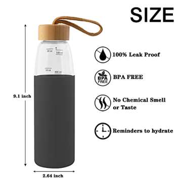 Sangyn Borosilicate Glass Water Bottles 18 Oz with Leak Proof Bamboo Lid and Silicone Sleeve, BPA-Free Reusable Water Bottles