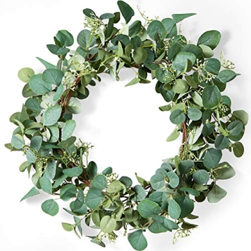 LIFEFAIR Wreaths for Front Door, 20 Inch Artificial Green Eucalyptus Leaf Wreath, Spring Summer Wrea...