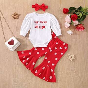 Meihuida My First Valentines Day Baby Girl Outfit Long Sleeve Ribbed Romper Heart Pants Headband Red...