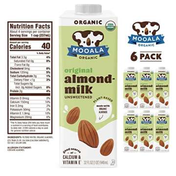 Mooala Organic Almond Milk Unsweetened 32 fl oz (Pack of 6) –Shelf-Stable, Lactose Free, Gluten-Free, Vegan, No Added Sugar, Plant-Based Beverage