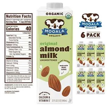 Mooala Organic Almond Milk Unsweetened 32 fl oz (Pack of 6) –Shelf-Stable, Lactose Free, Gluten-Free, Vegan, No Added Sugar, Plant-Based Beverage