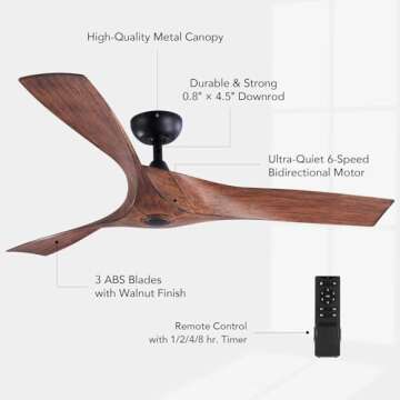 VONLUCE 52" Industrial Ceiling Fan No Light with Remote Control, Mid Century Ceiling Fans with 3 Walnut ABS Blades DC Motor, Indoor Ceiling Fan for Kitchen Bedroom Living Room, Walnut
